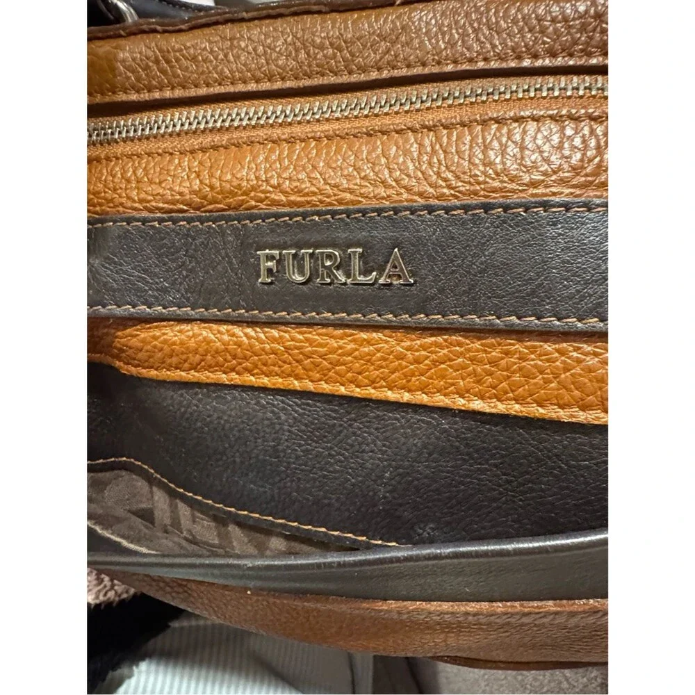 Furla Pebbled Leather Satchel Cognac Brown Black Colorblock Bowling Tote Bag Y2K